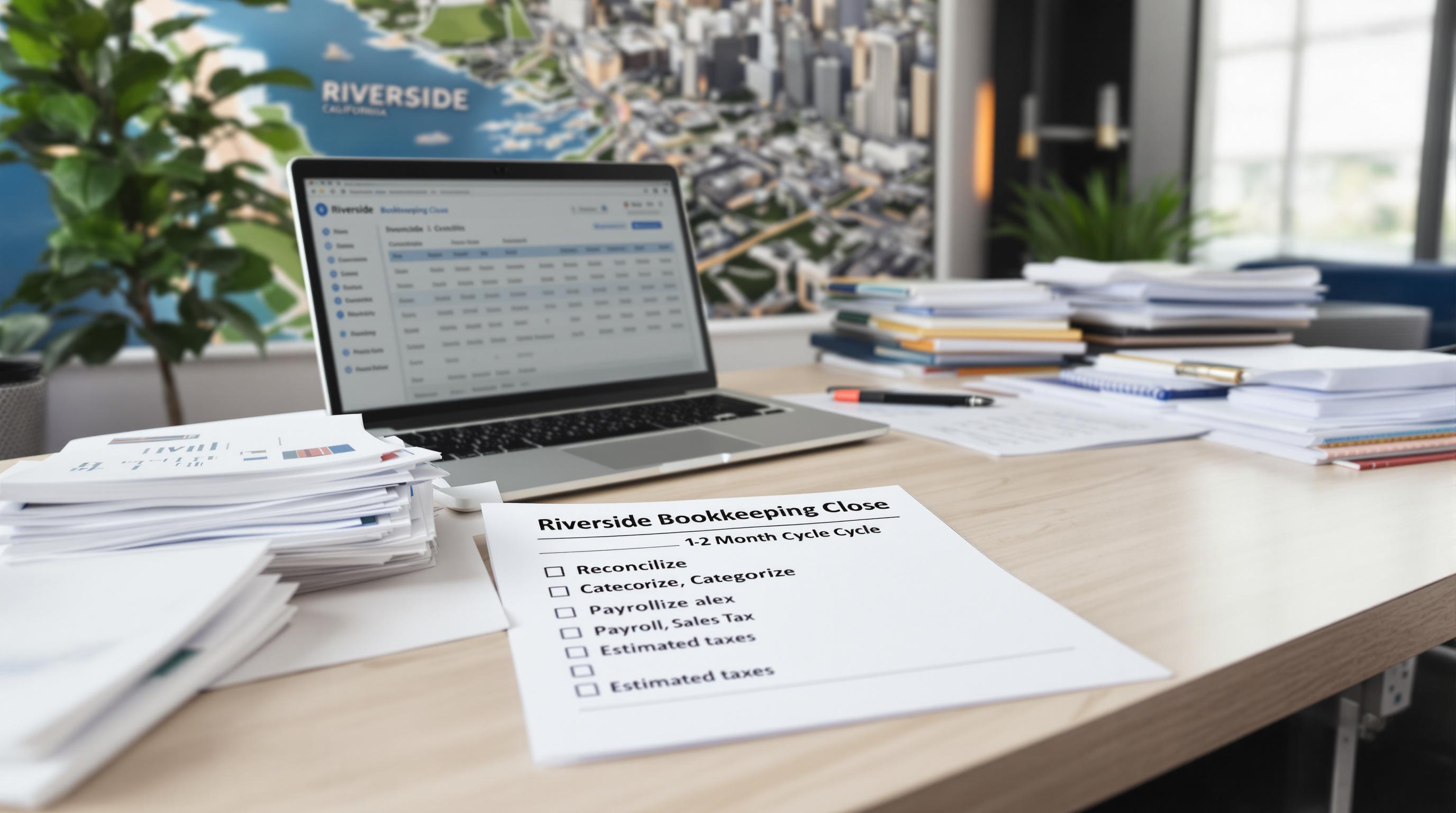 Riverside CA bookkeeping desk with invoices, mileage log, and monthly close checklist