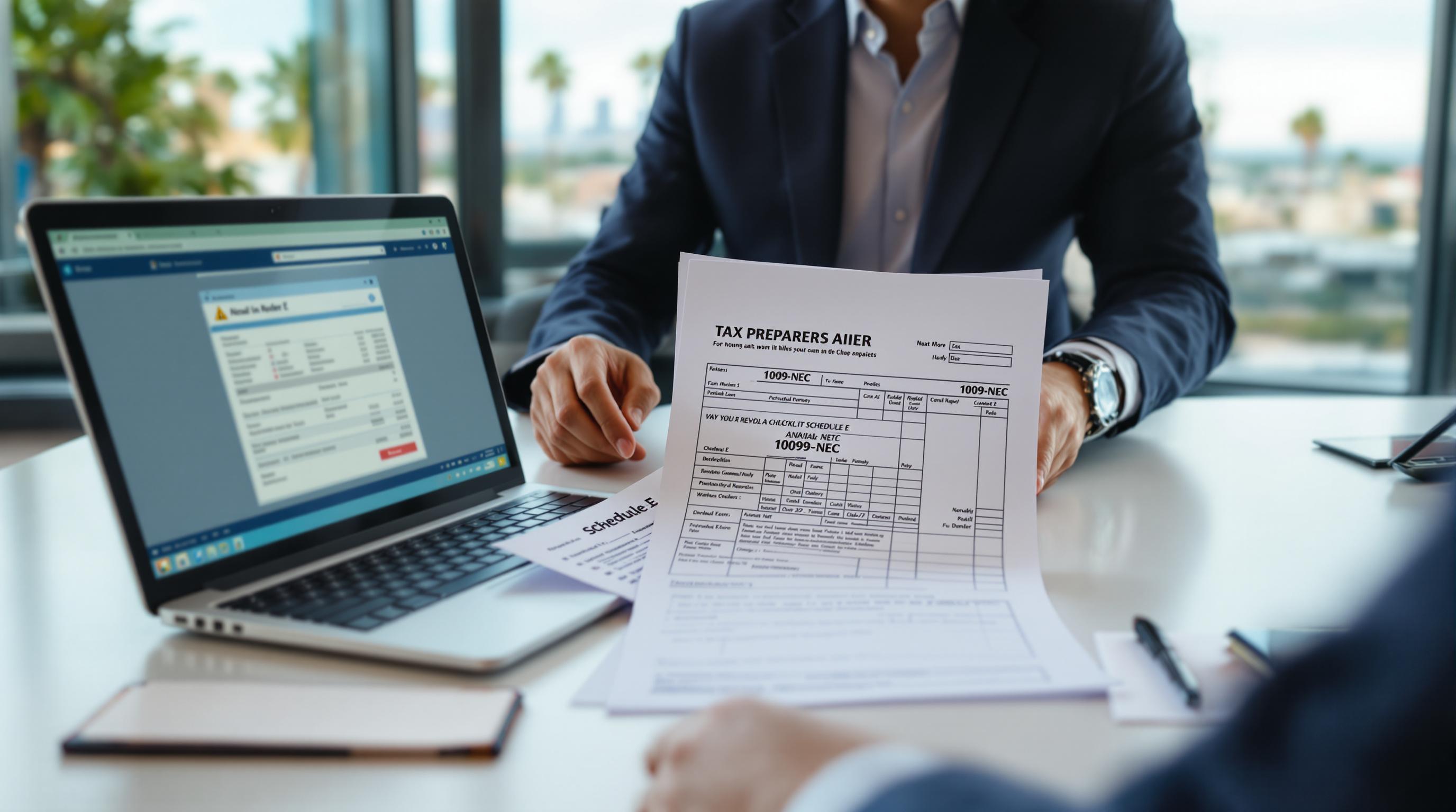 Anaheim tax preparer reviewing W-2, 1099, and rental ledger