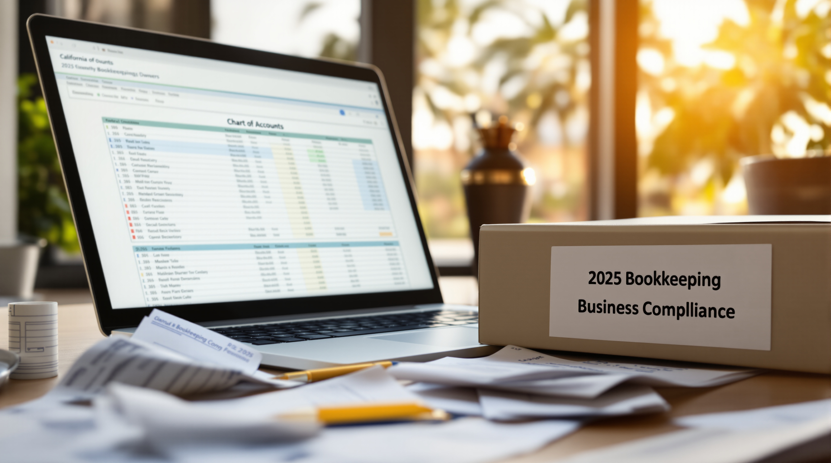 California business owner's digital bookkeeping workspace, 2025 compliance focus