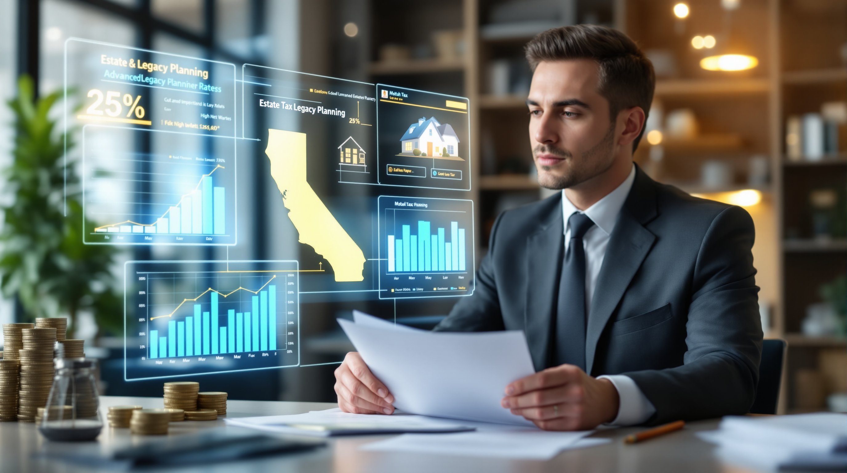 CPA estate planning specialist reviewing documents in California office