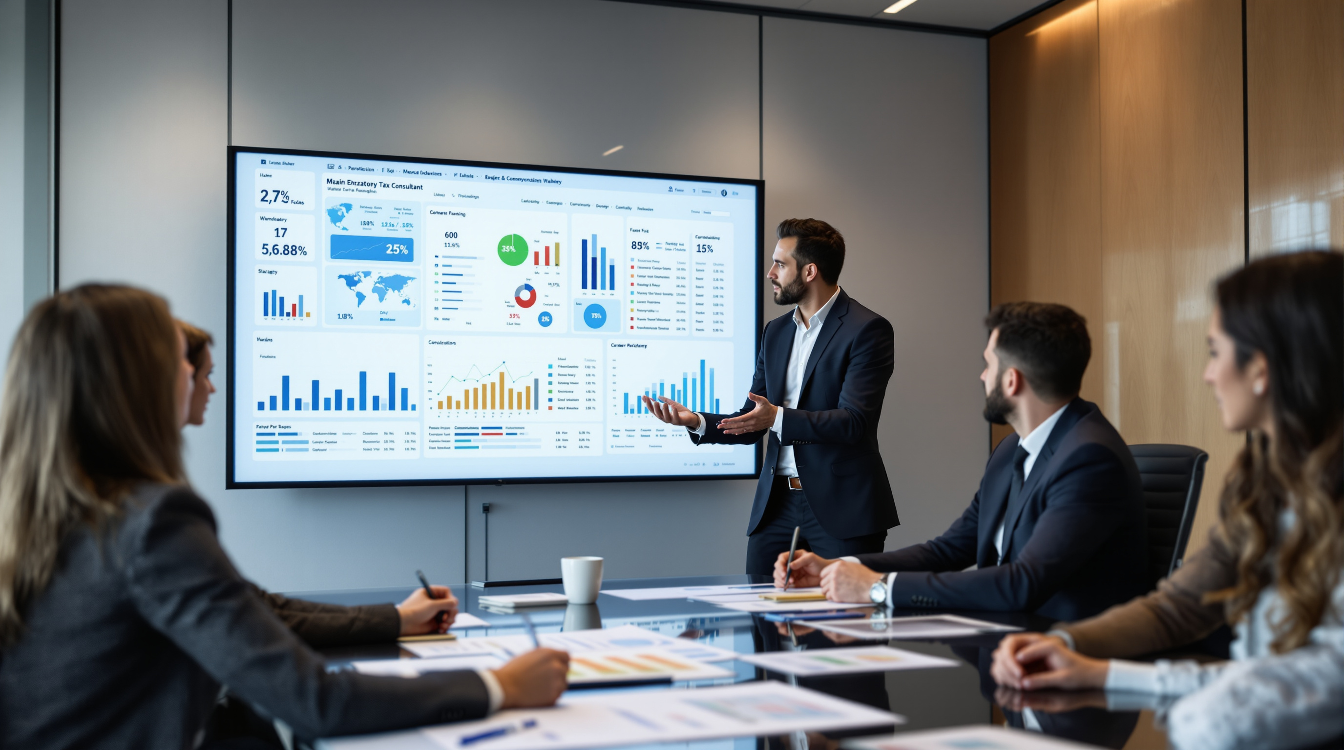 Corporate tax planning consultant meets with executive team reviewing financials and tax strategy data on digital display