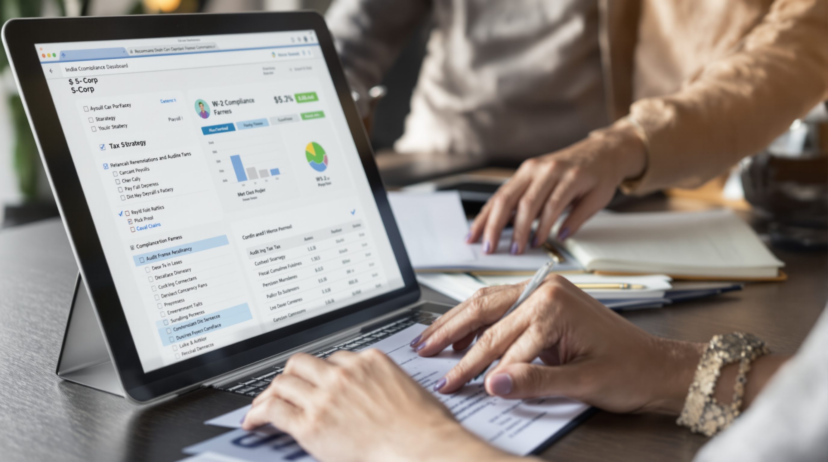 S-Corp business owner at home office organizing tax strategy paperwork