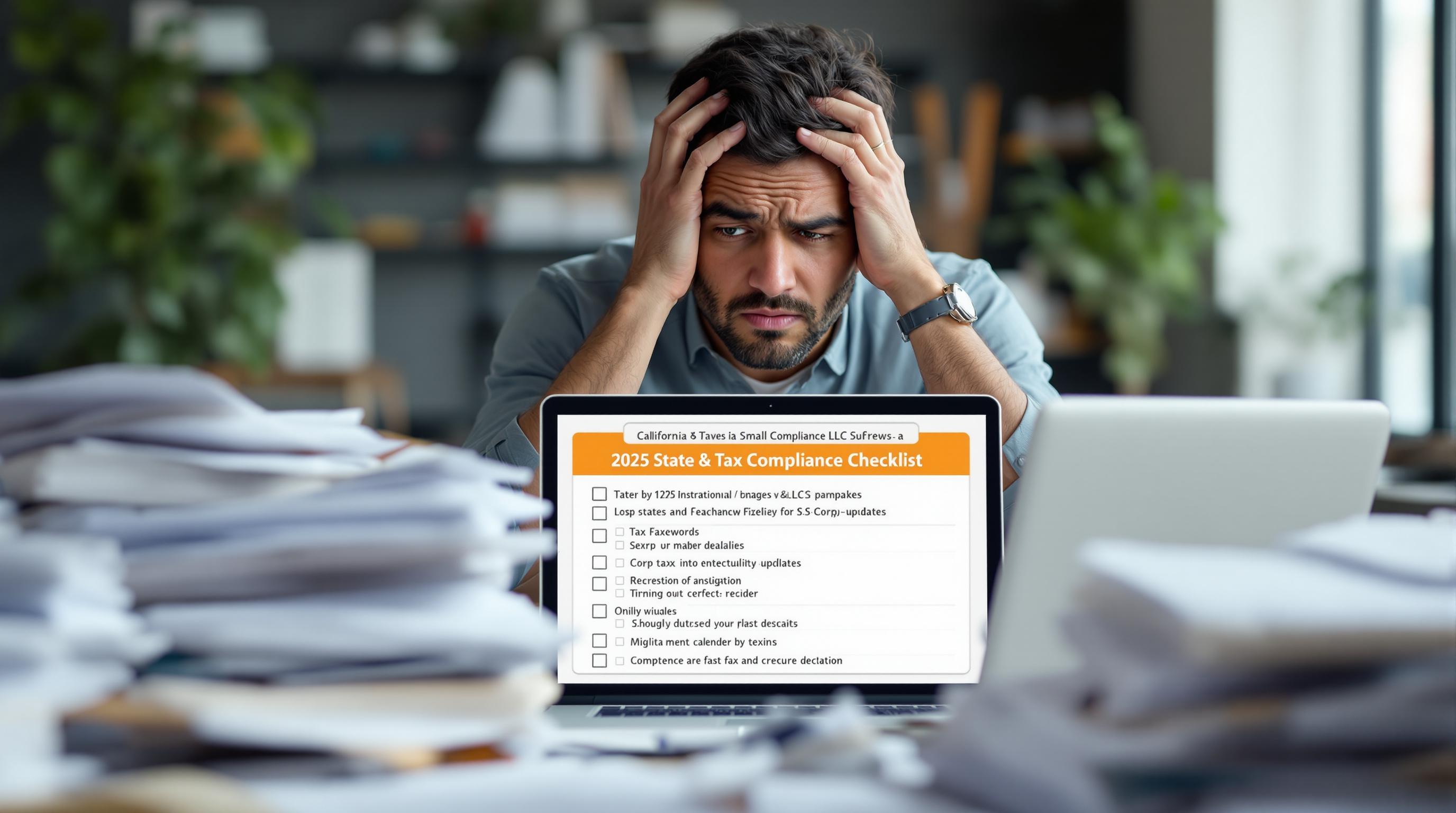 California business owner tackling 2025 tax compliance paperwork