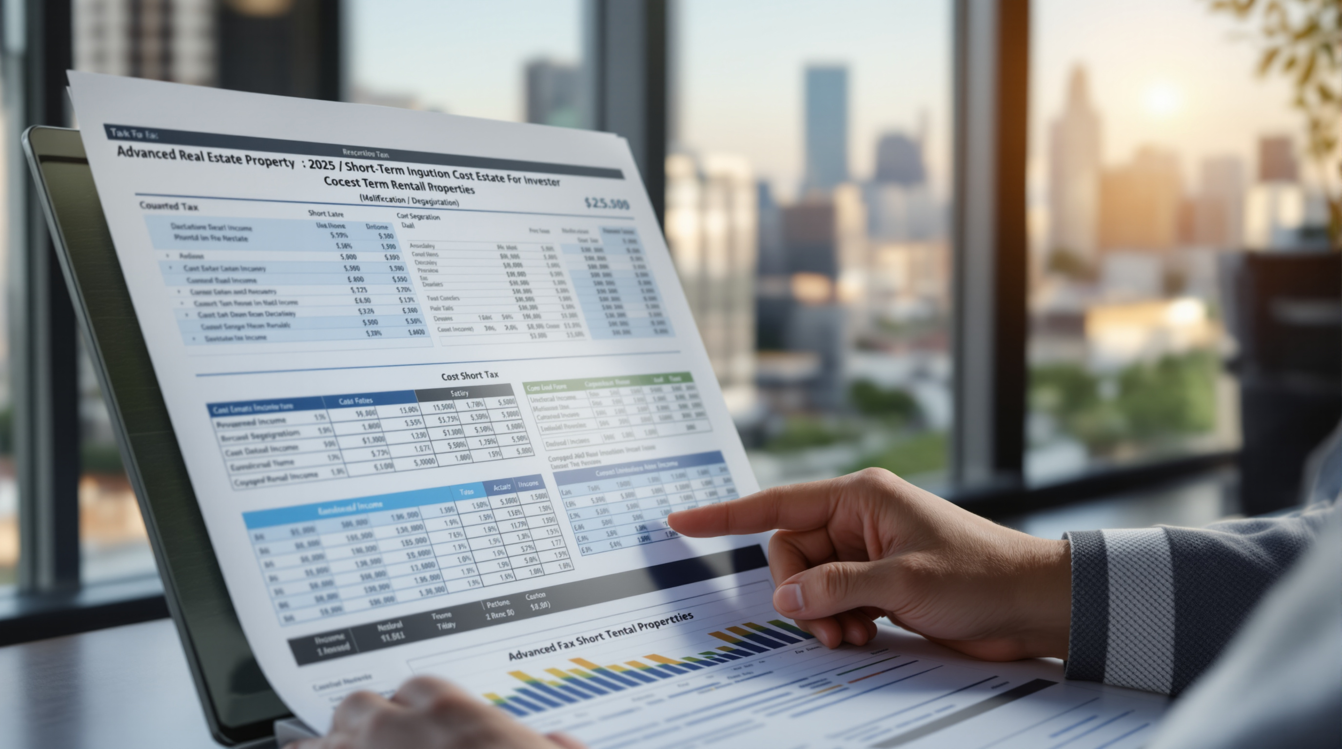 California real estate investor studying advanced tax papers with cost seg charts for 2025 short-term rental strategy