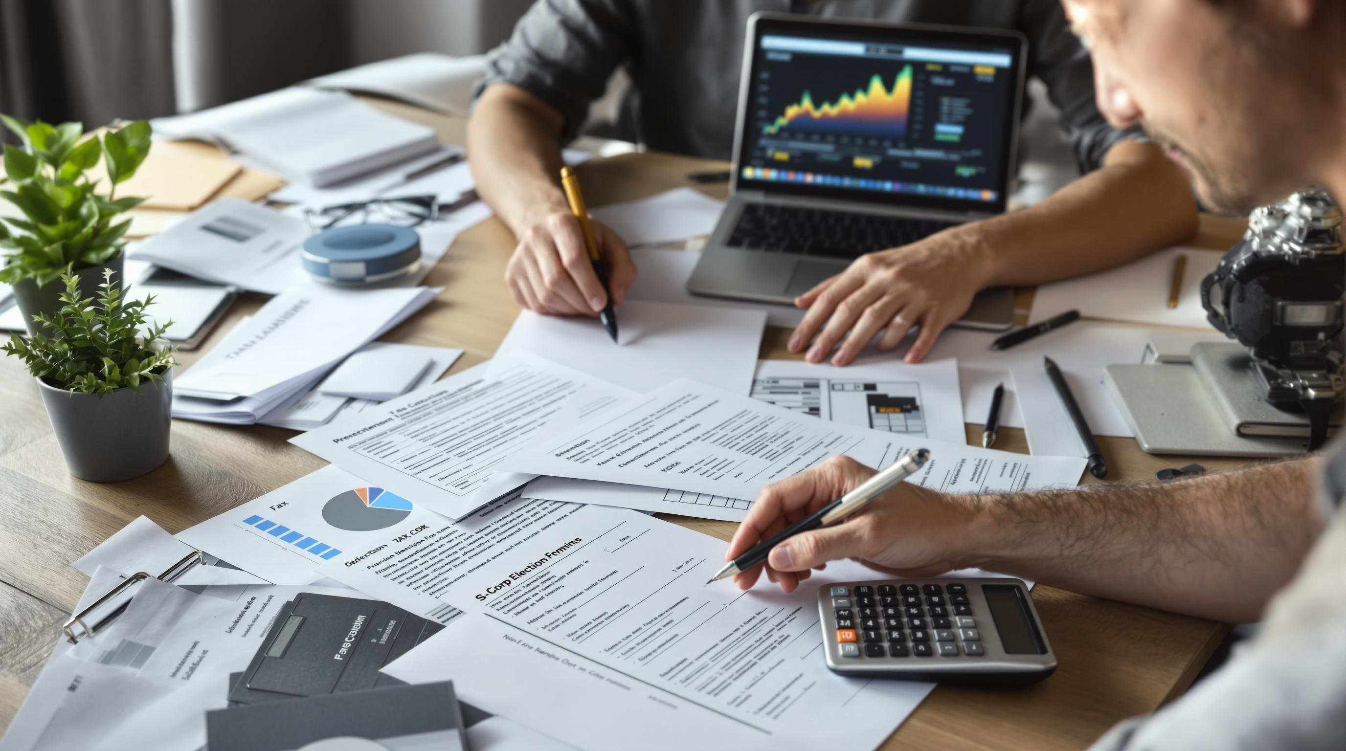 Entrepreneur at desk with tax forms, calculator, digital graphs