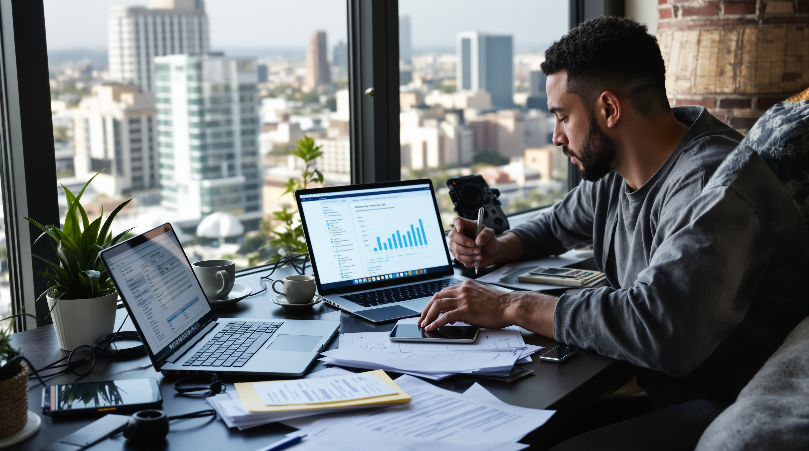 Los Angeles freelancer with tax paperwork and digital tools in 2025