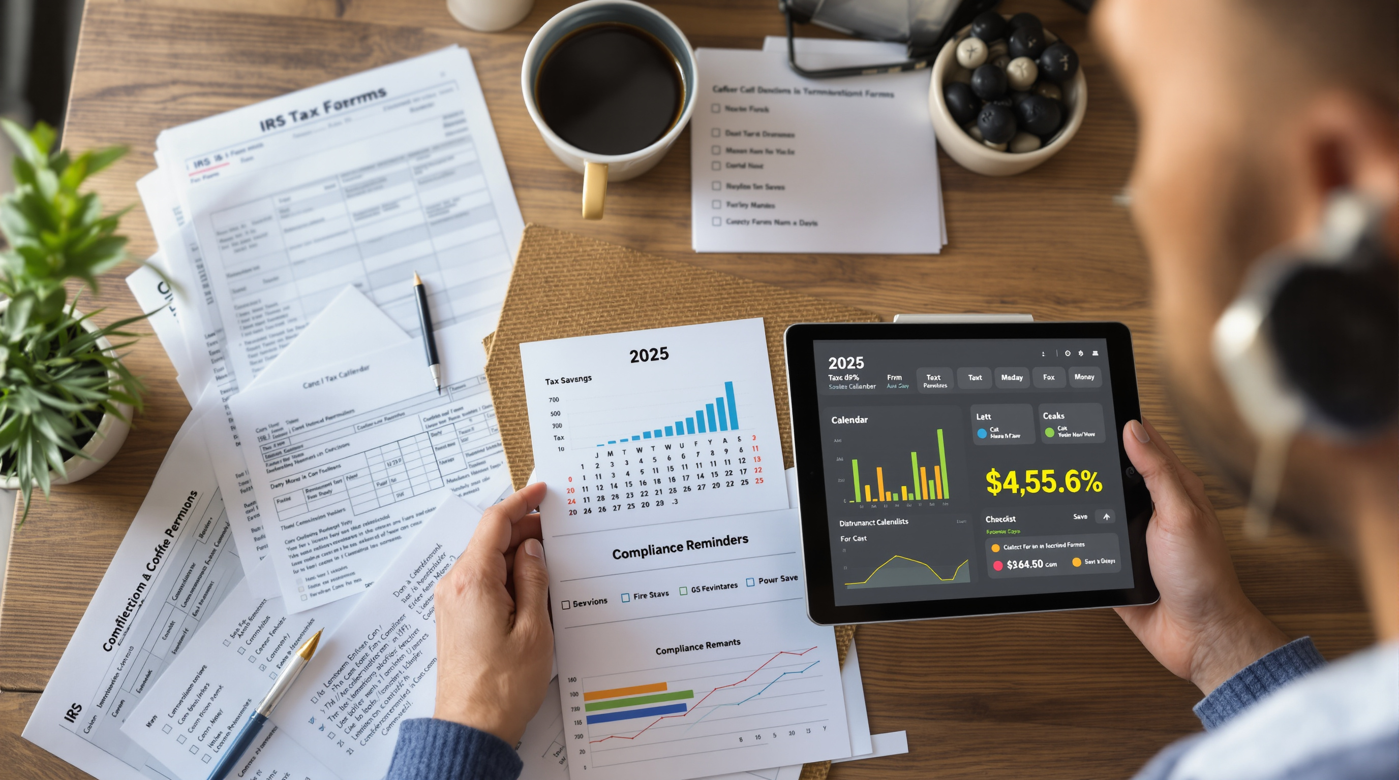 California small business owner with 2025 tax checklist and IRS forms