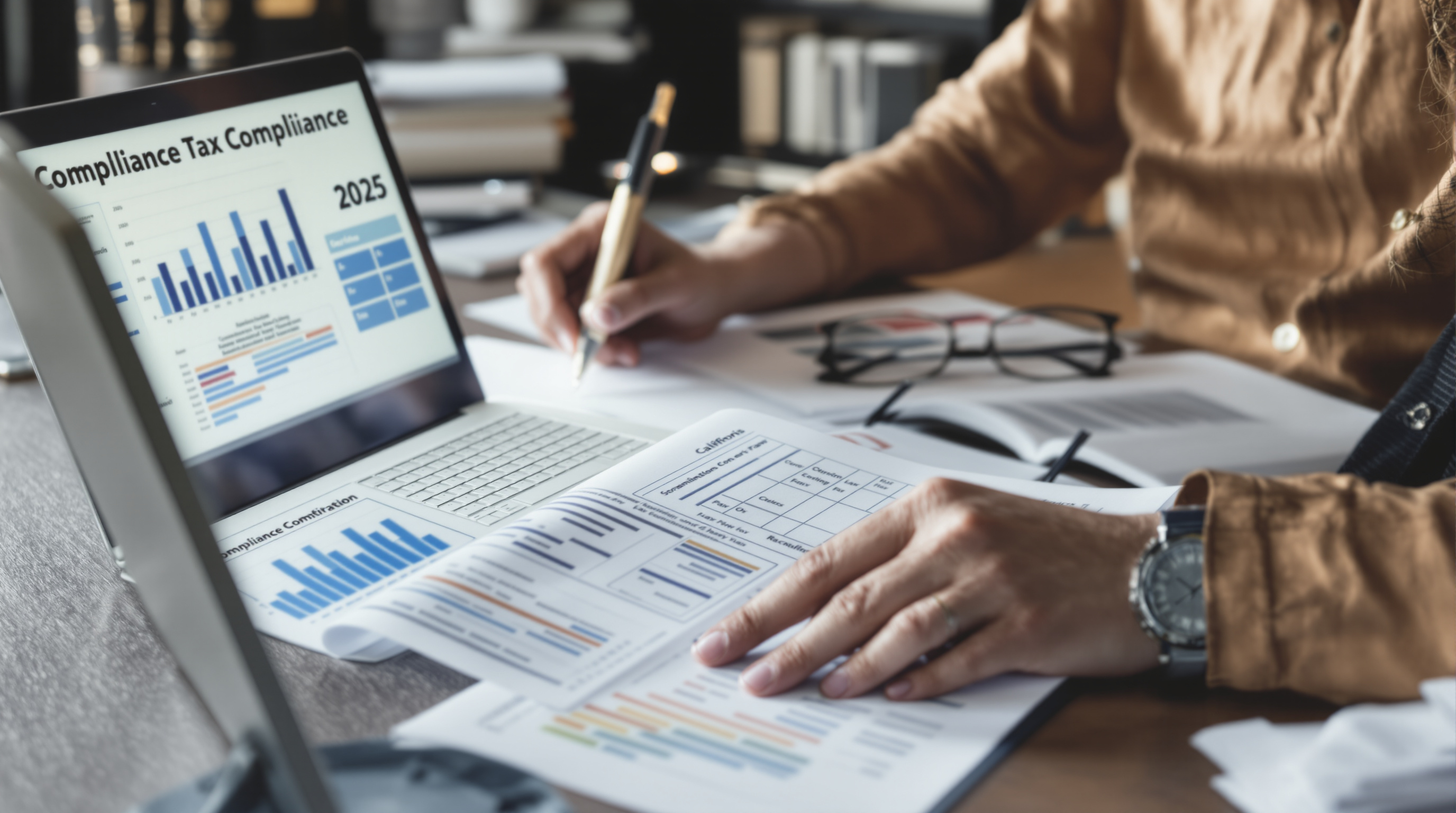California business owner with tax and bookkeeping records for 2025 compliance