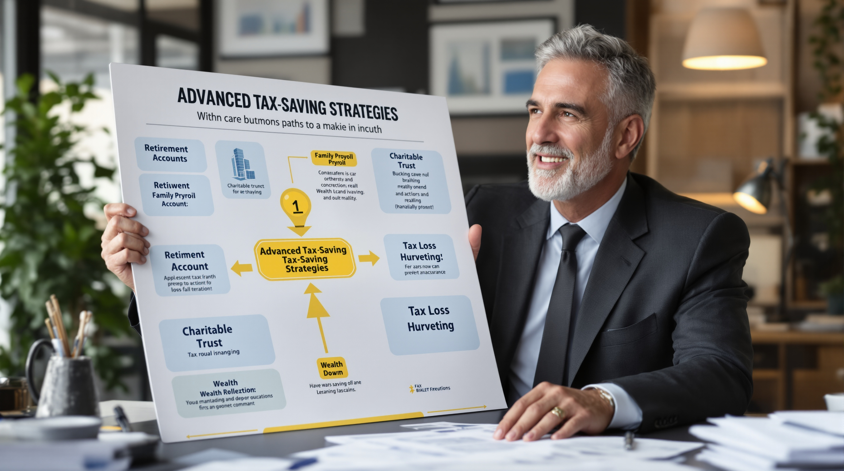 Wealthy business owner strategizing with advanced tax-saving diagrams in a modern office