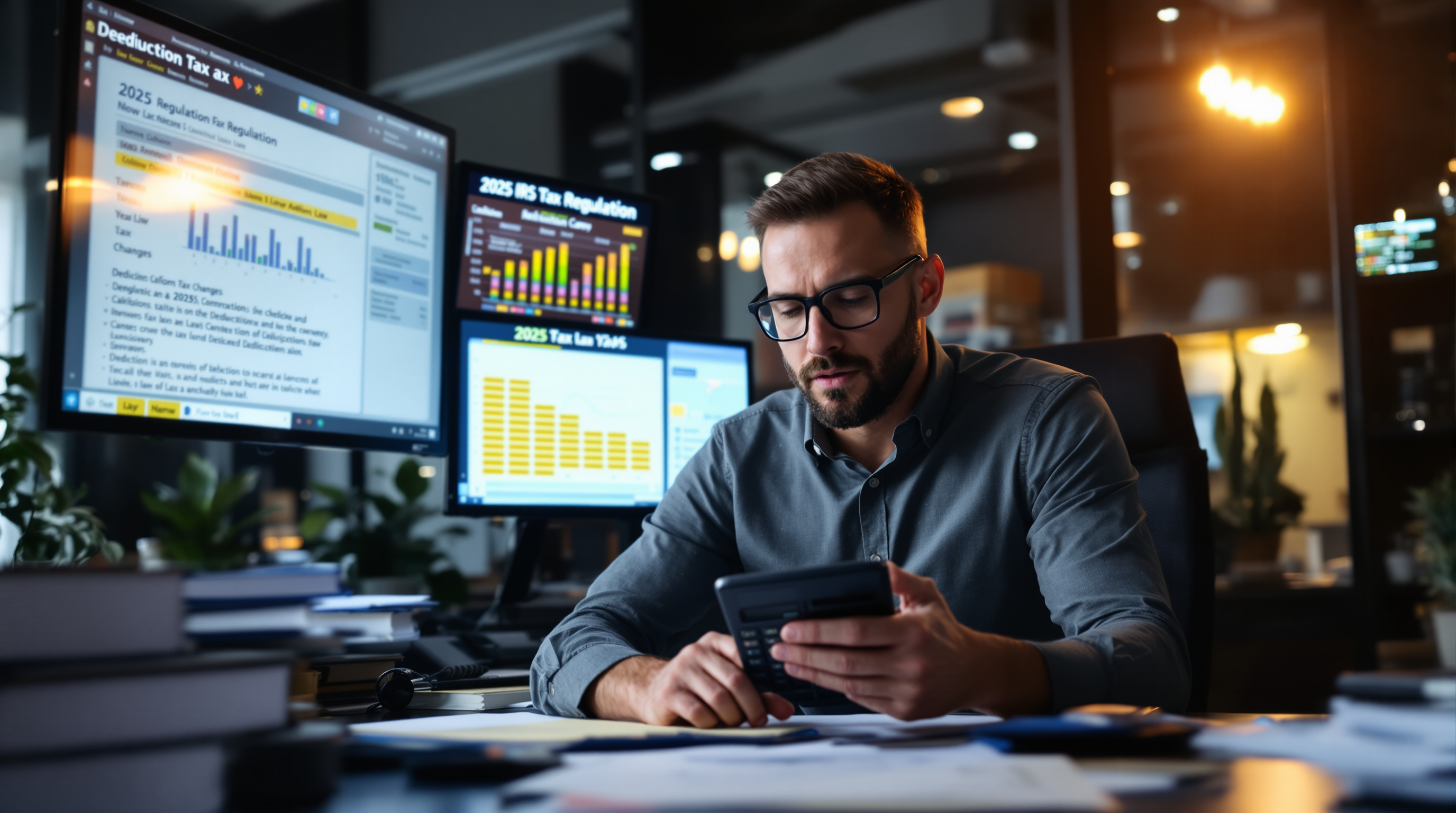 California entrepreneur planning 2025 taxes with tax regulation binders and digital displays