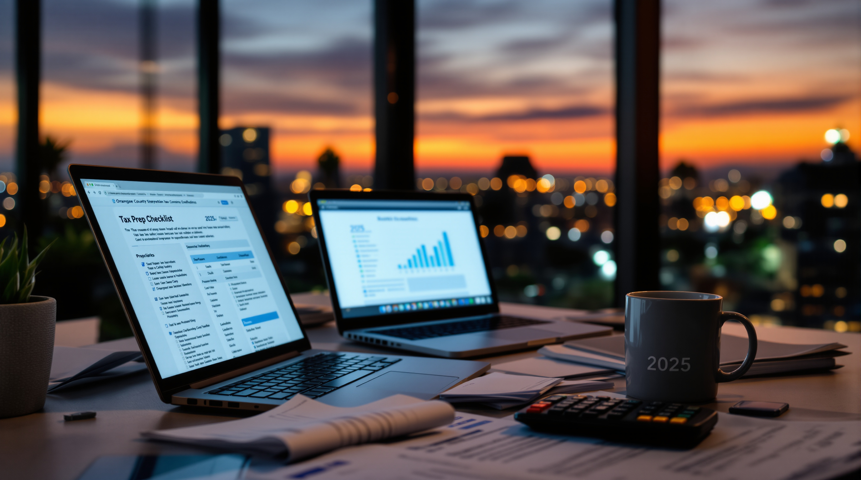 Orange County startup founder doing 2025 tax preparation amidst California city lights