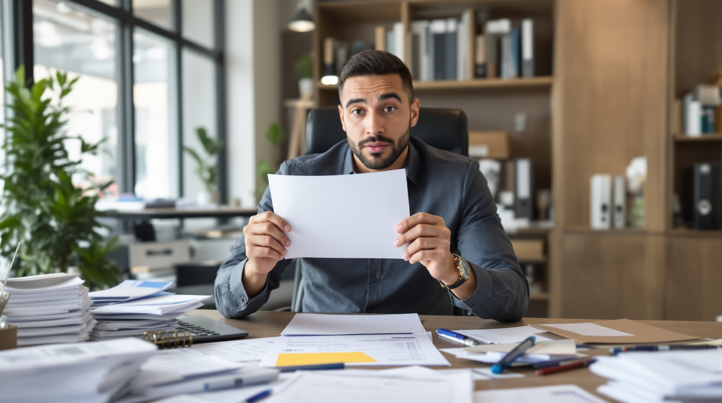 Small business owner confidently responding to IRS audit request in well-organized office.