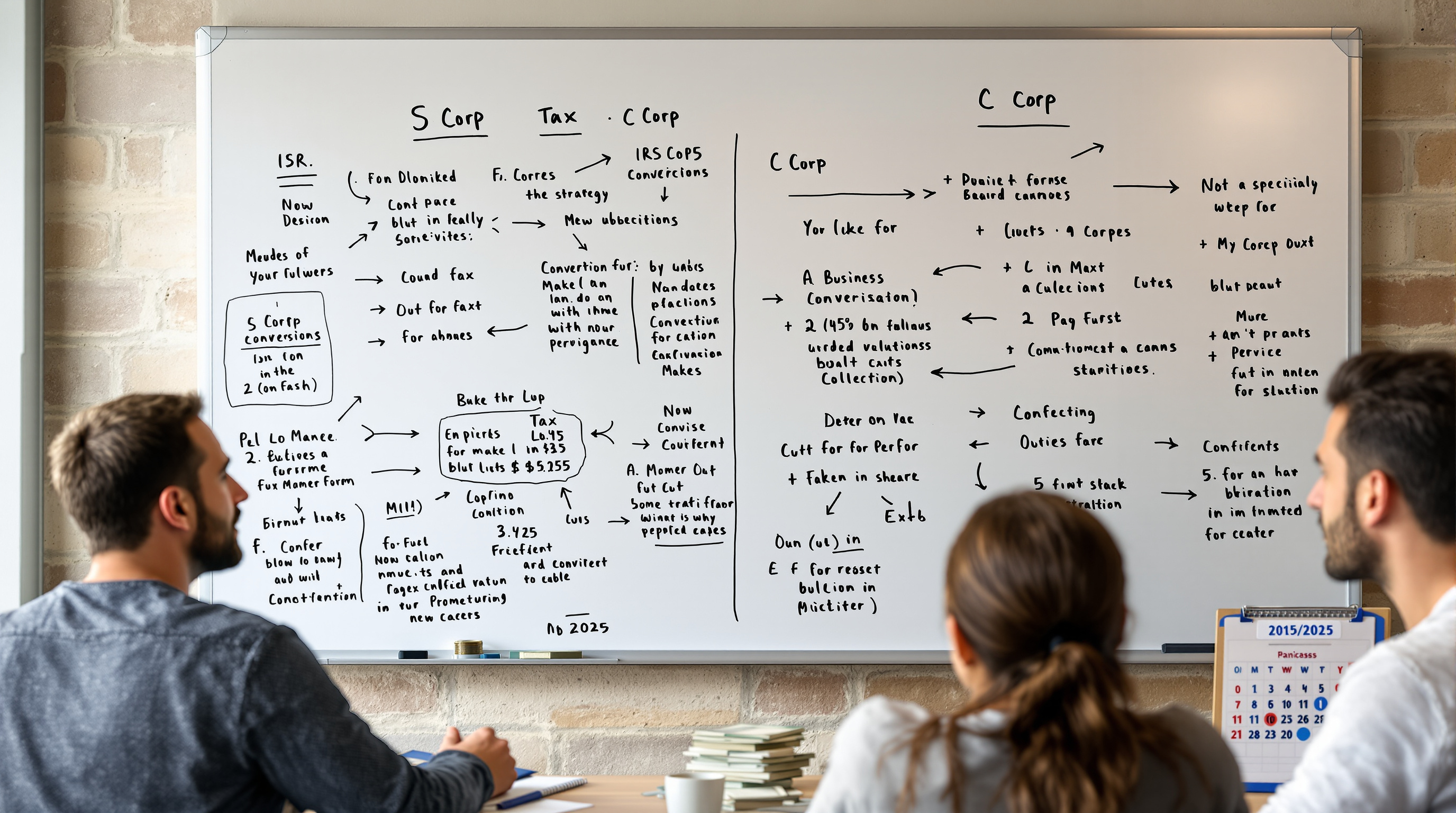 S Corp to C Corp tax strategies whiteboard diagram