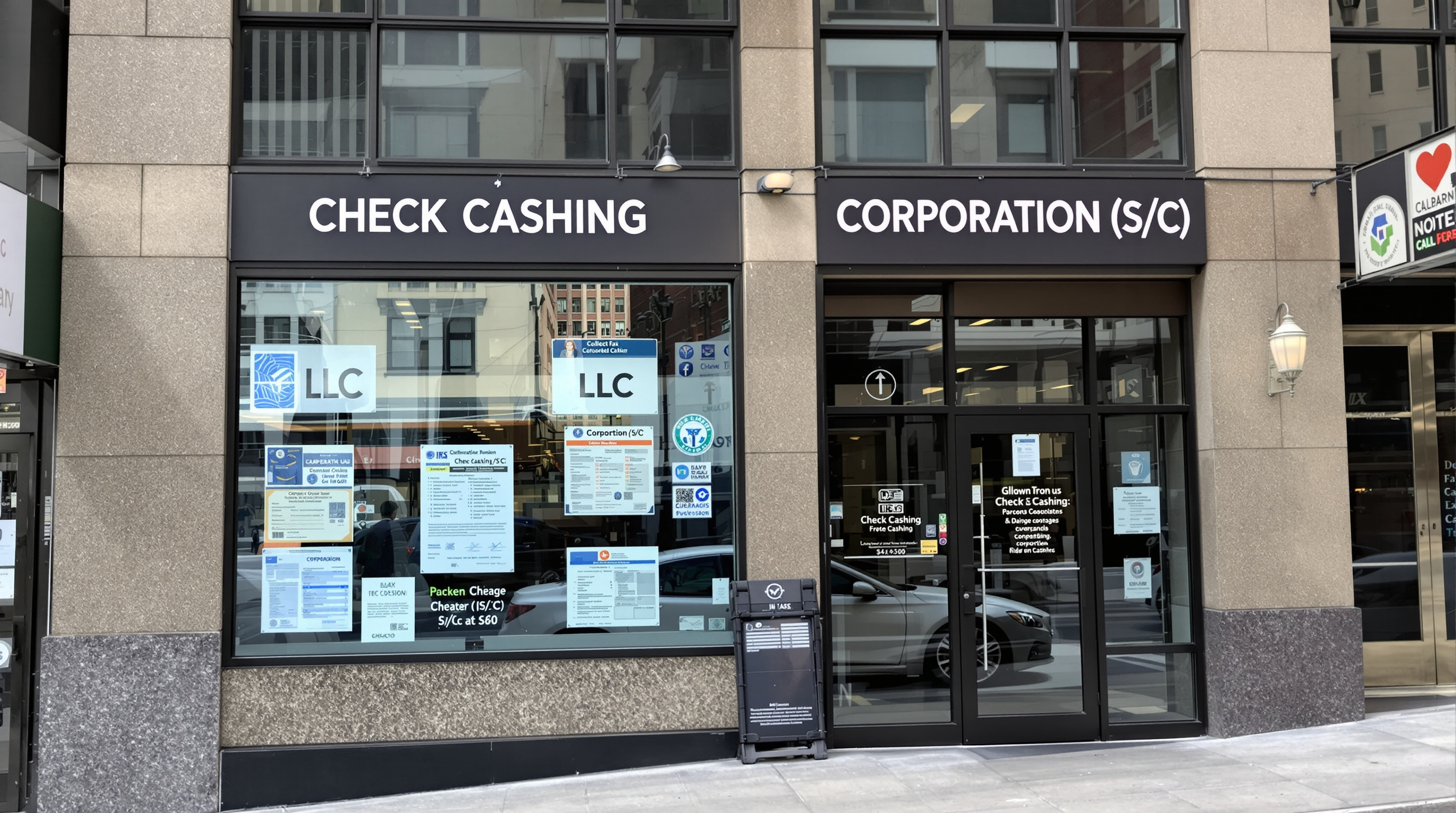 Chicago check cashing storefront with LLC and Corporation signage