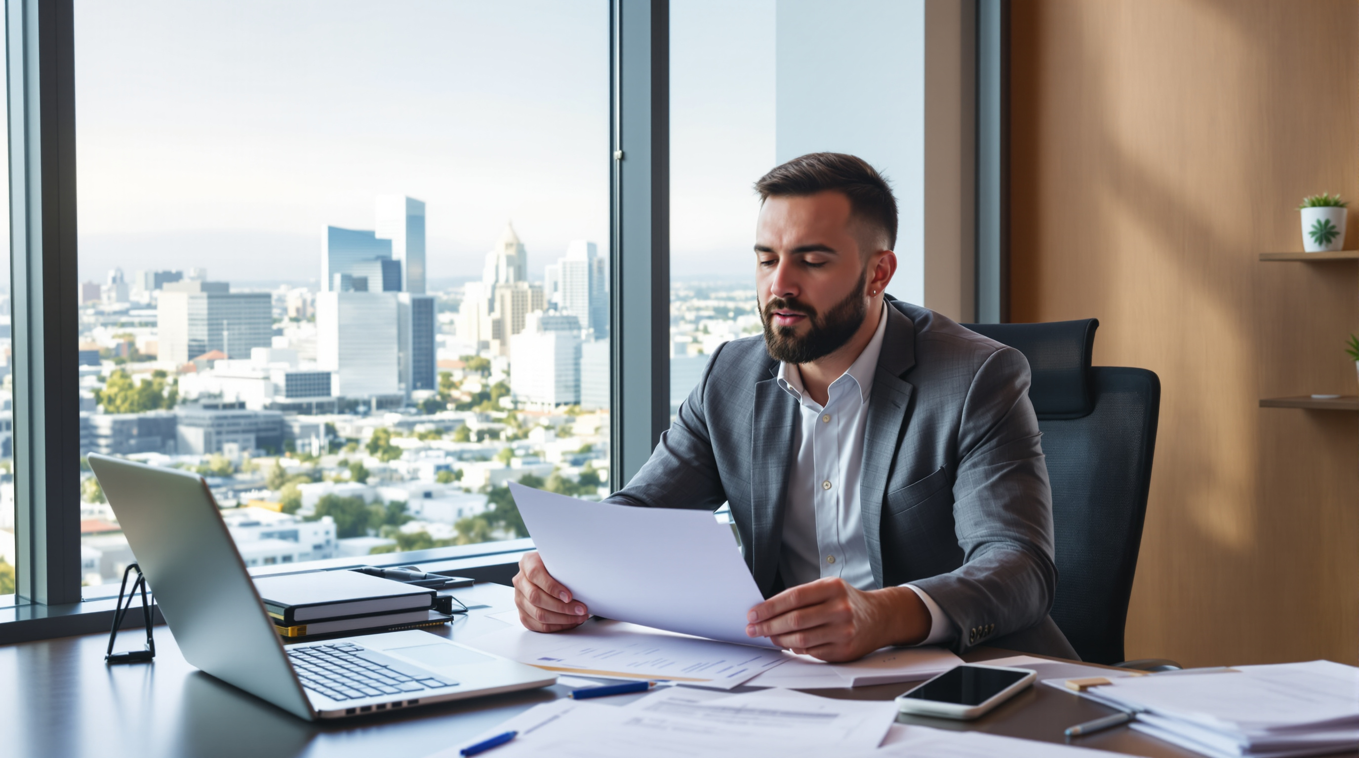Anaheim business owner reviewing tax documents with cityscape