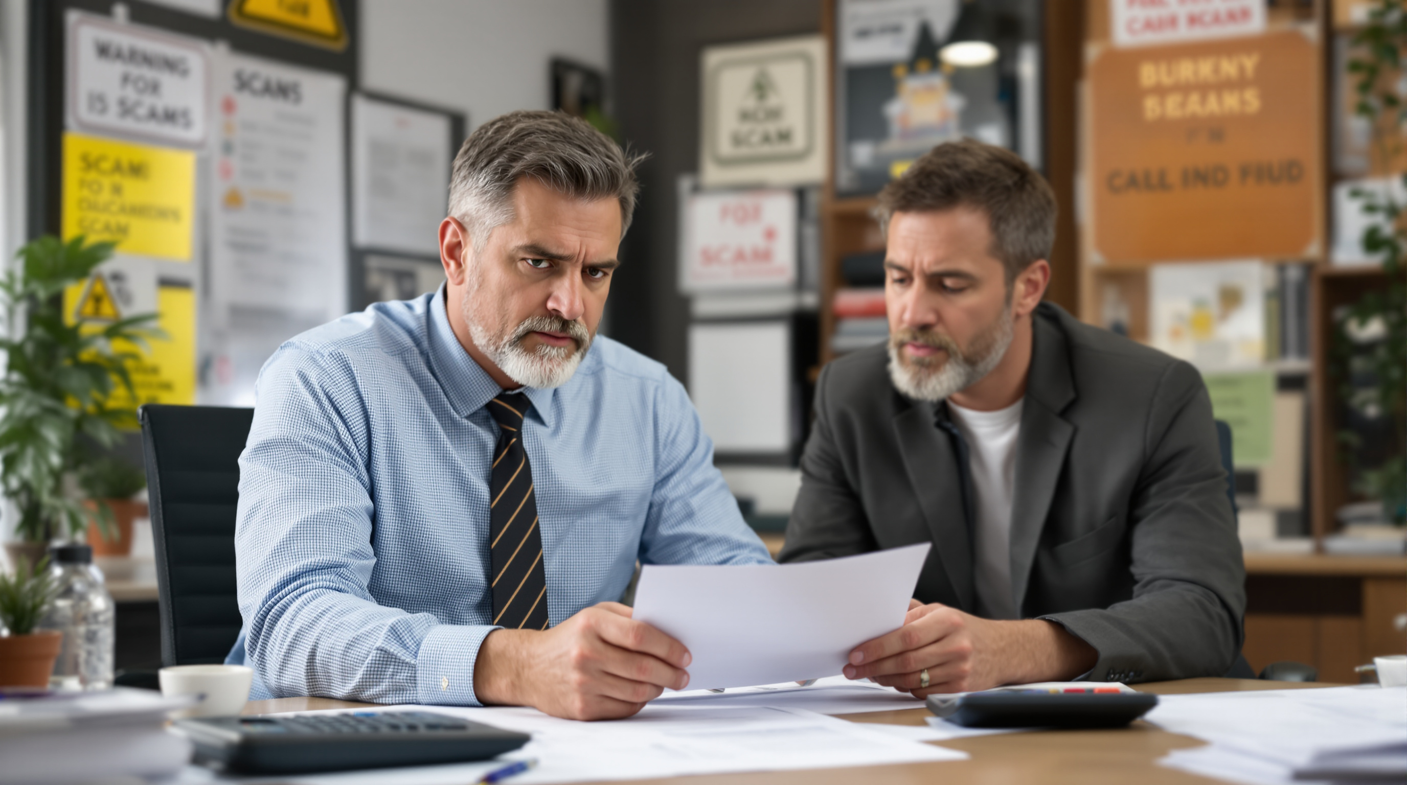 Tax scam awareness scene with business owner and preparer