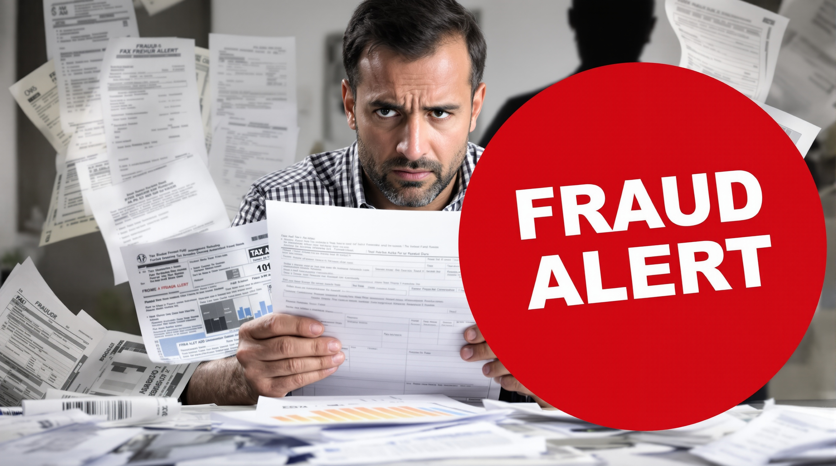 Worried business owner facing fraud alert on tax documents