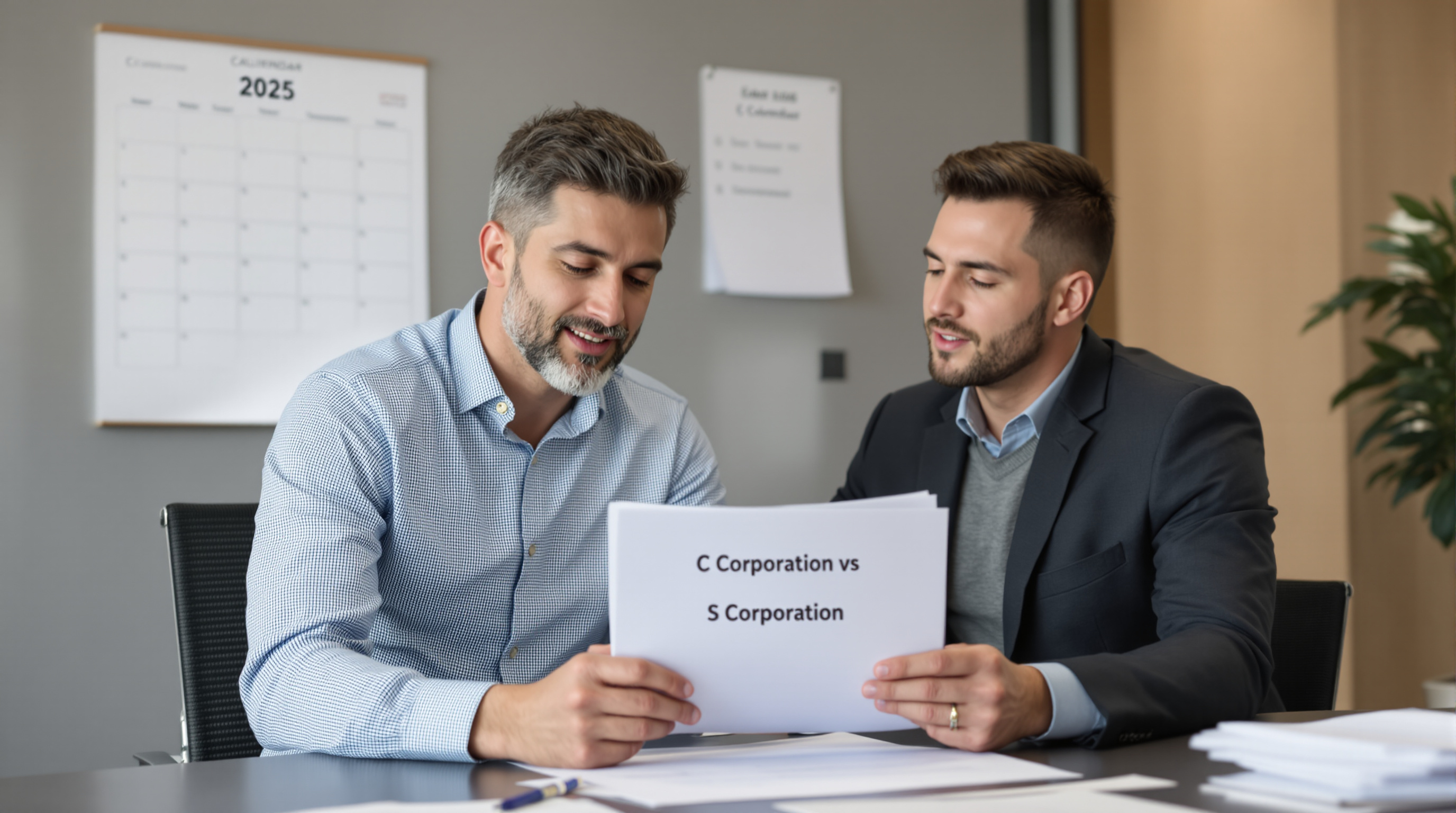 Business owner and accountant comparing C Corp and S Corp structures with tax forms and California calendar for 2025.