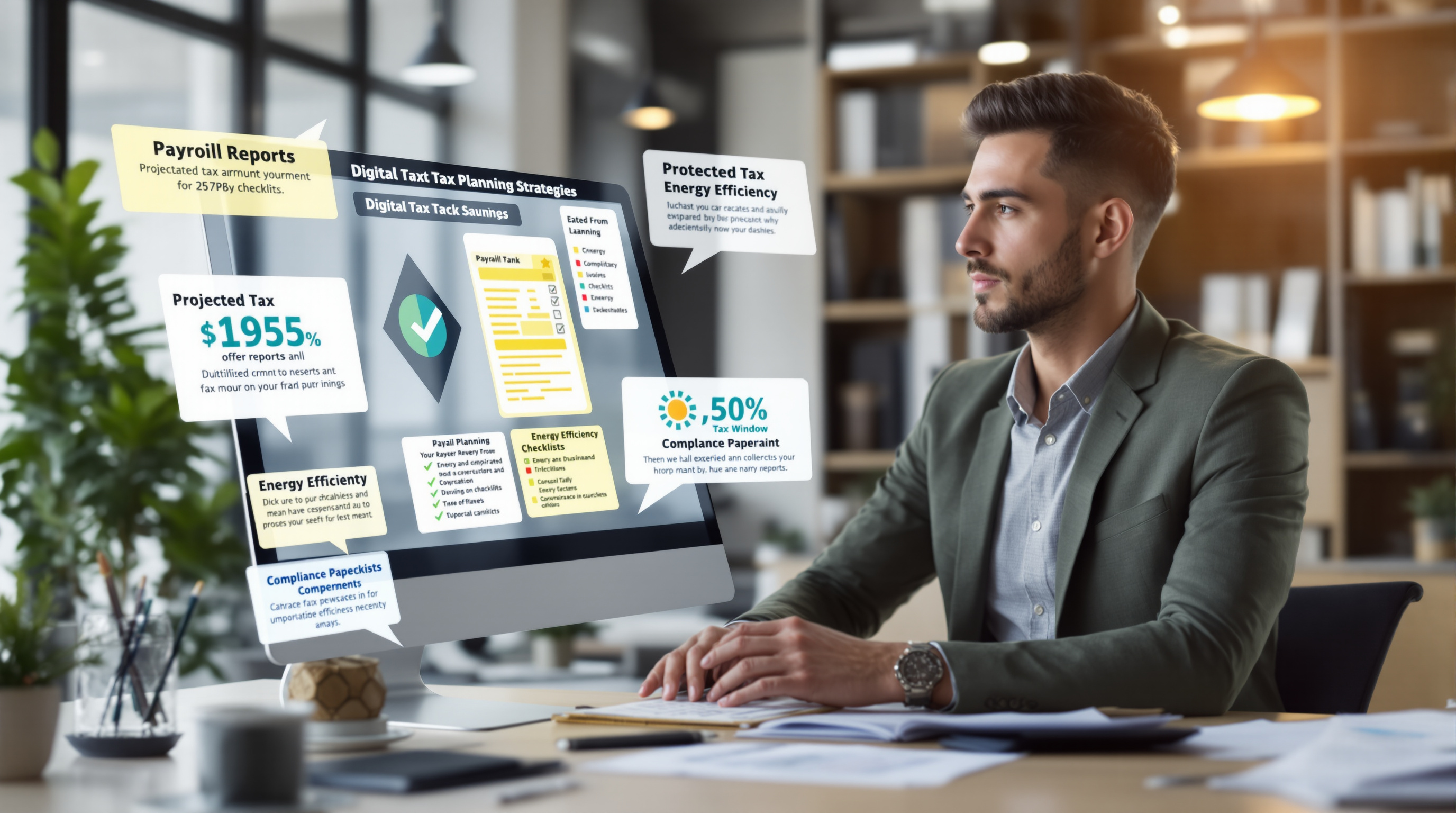 Business owner reviewing digital payroll and energy tax planning reports